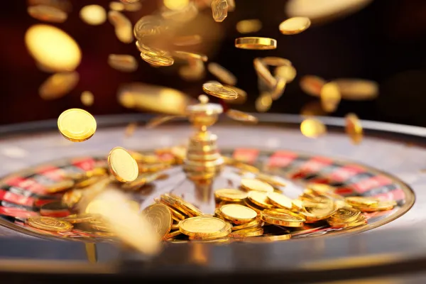 Seorang wanita dalam gaun hijau mewah di sebelah roda rolet hiasan, mencerminkan suasana kasino premium WAJA CASINO.